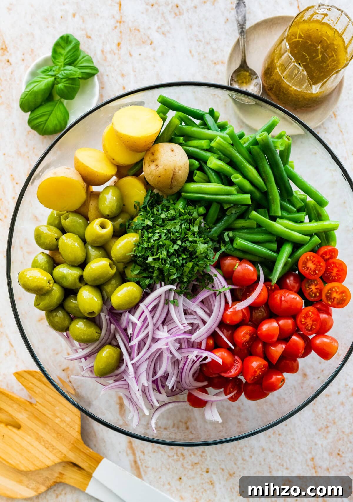 Italian Potato and Green Bean Salad Recipe 7 How to make Italian potato salad: all salad ingredients in a large glass bowl.