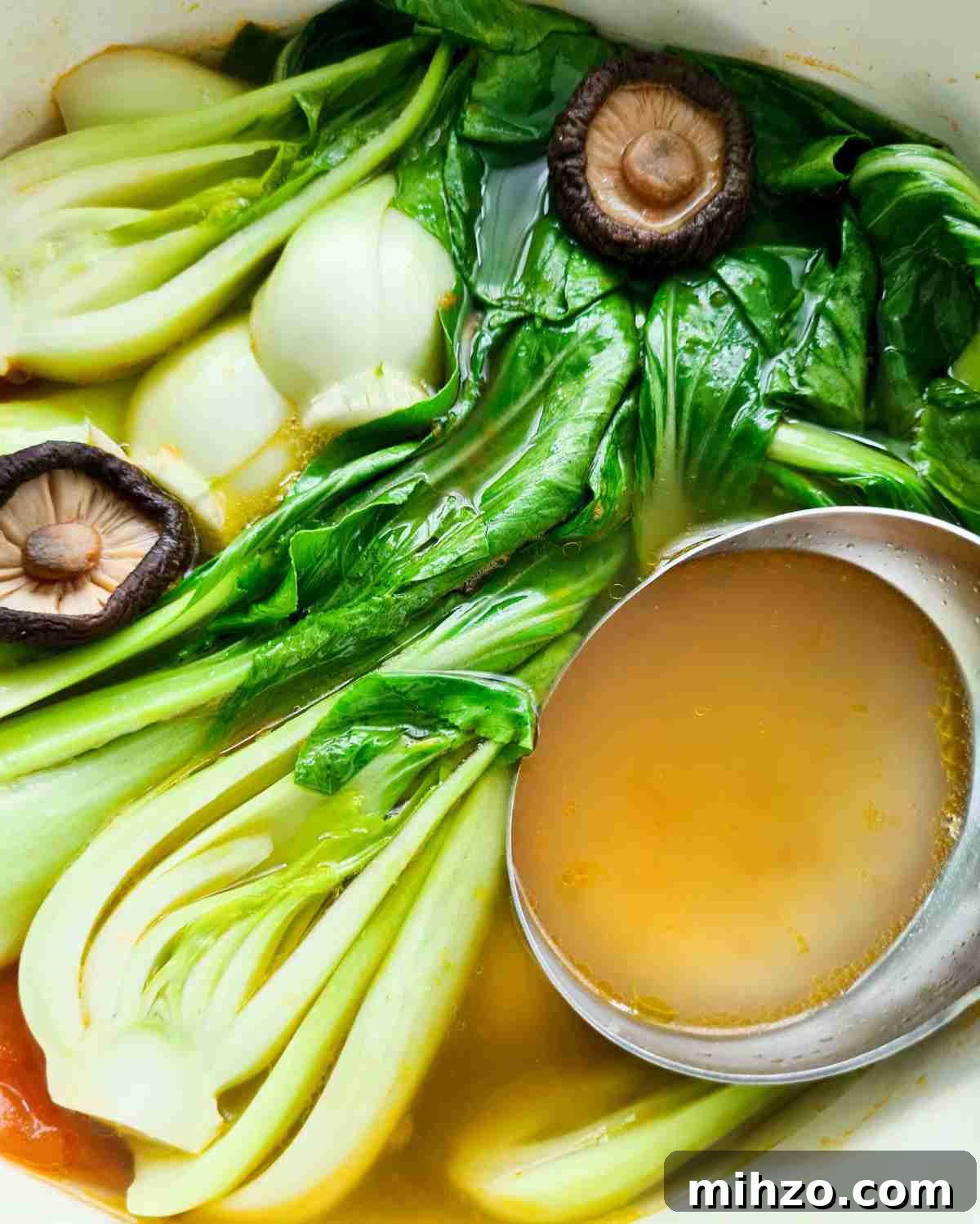 Ginger and Garlic Bok Choy Soup Recipe 11 Close up of bok choy, shiitake and soup