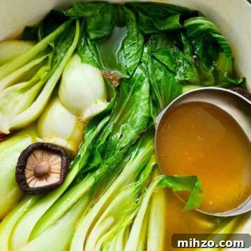 Ginger and Garlic Bok Choy Soup Recipe 14 Close up of bok choy soup in a pot with a ladle of soup