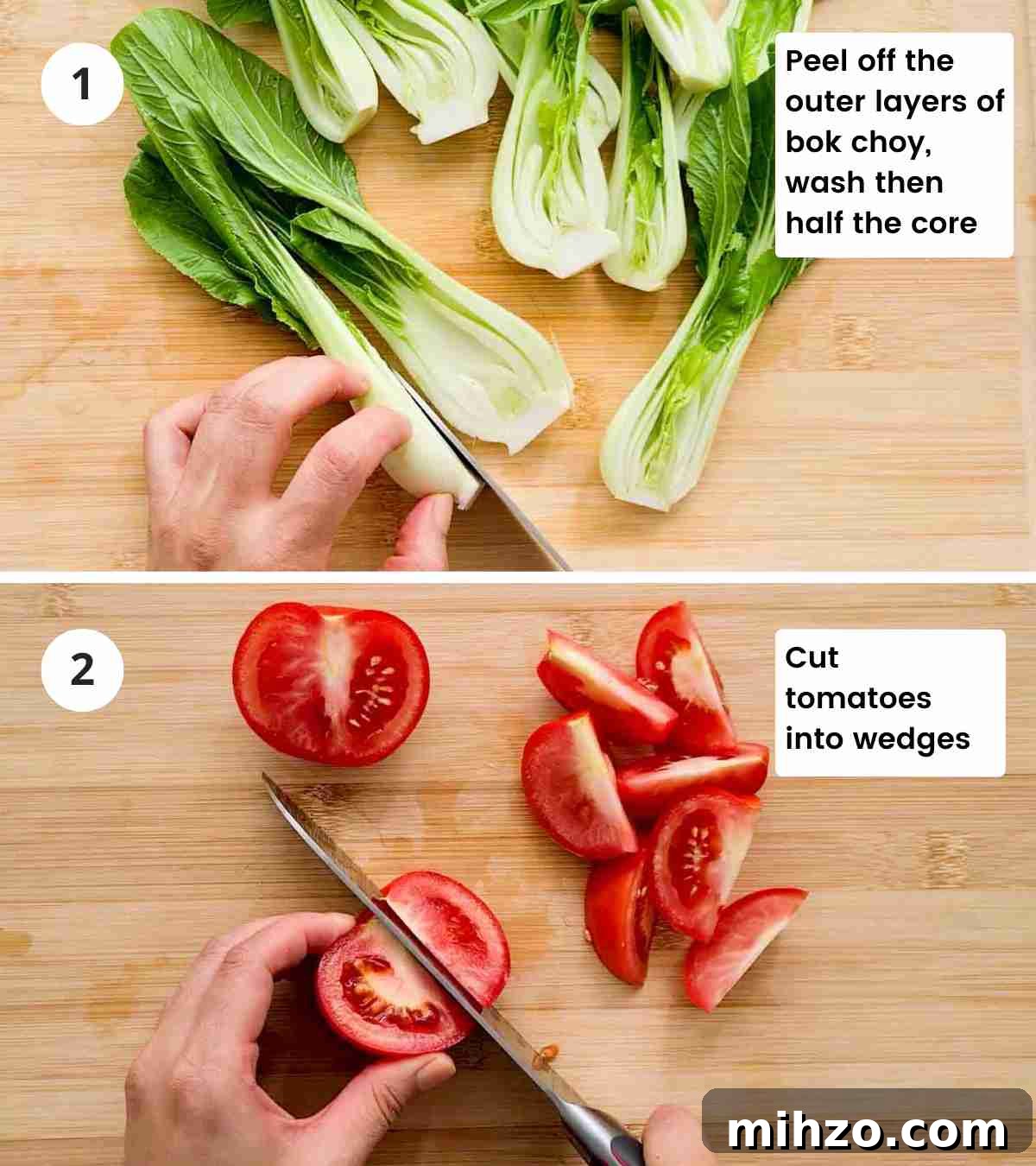 Ginger and Garlic Bok Choy Soup Recipe 5 2 step collage of prepare vegetables for this recipe with captions