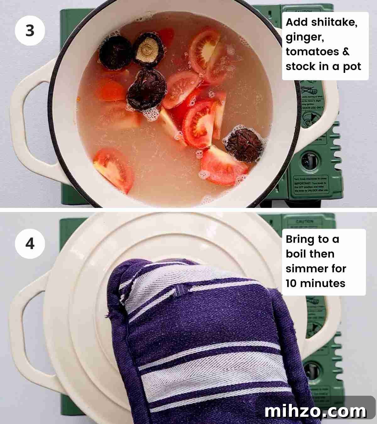 Ginger and Garlic Bok Choy Soup Recipe 8 2 step collage of making the soup with captions part 1