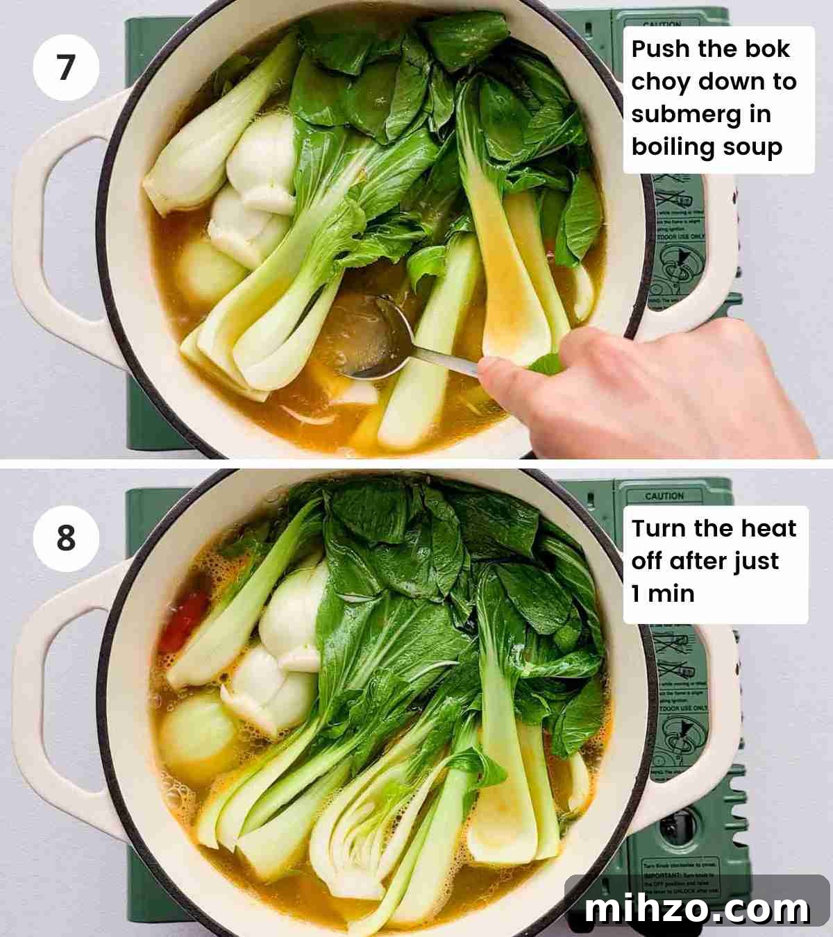 Ginger and Garlic Bok Choy Soup Recipe 10 2 step collage of making the soup with captions part 3
